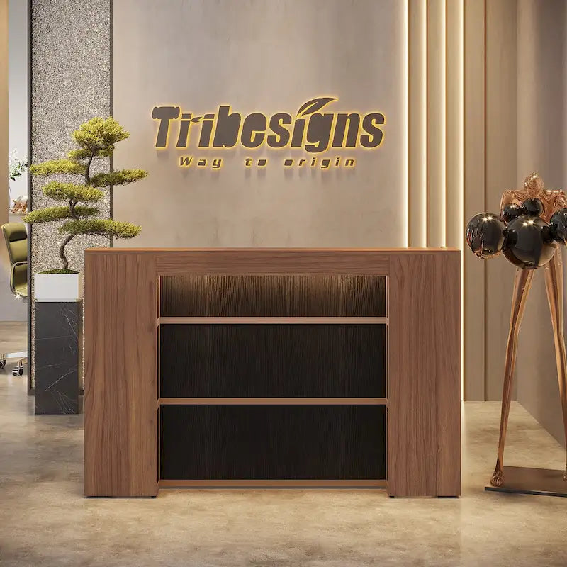 Escritorio de recepción en forma de L blanco/marrón con luces LED, mostrador individual con panel de privacidad