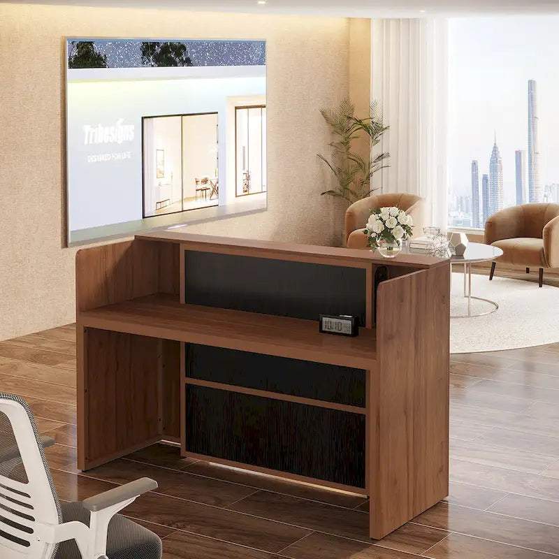 Escritorio de recepción en forma de L blanco/marrón con luces LED, mostrador individual con panel de privacidad