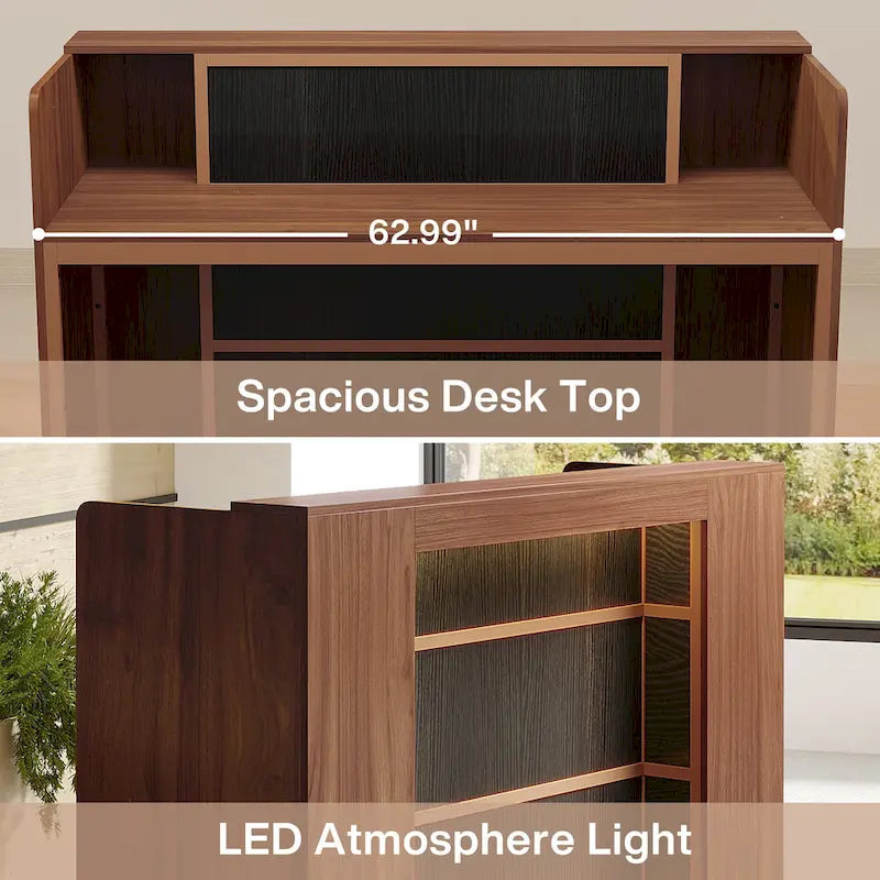 Escritorio de recepción en forma de L blanco/marrón con luces LED, mostrador individual con panel de privacidad