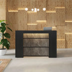 Escritorio de recepción en forma de L blanco/marrón con luces LED, mostrador individual con panel de privacidad