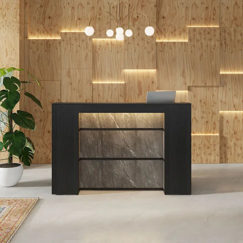Escritorio de recepción en forma de L blanco/marrón con luces LED, mostrador individual con panel de privacidad