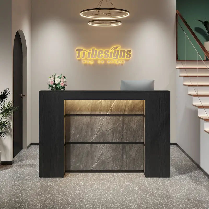 Escritorio de recepción en forma de L blanco/marrón con luces LED, mostrador individual con panel de privacidad