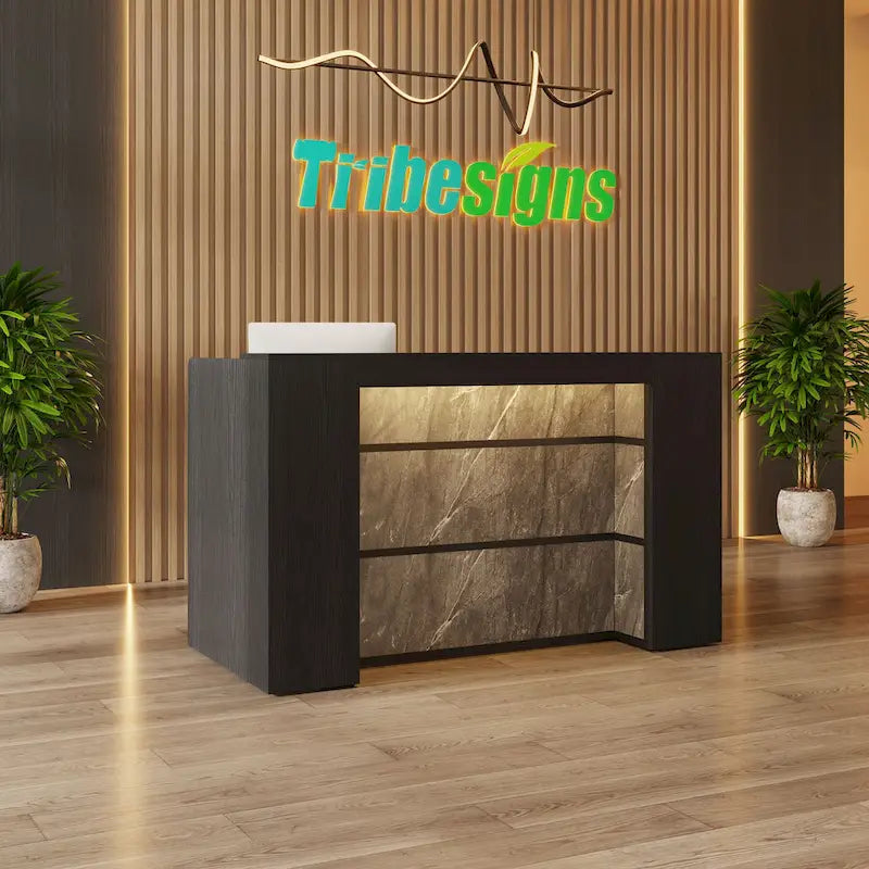 Escritorio de recepción en forma de L blanco/marrón con luces LED, mostrador individual con panel de privacidad