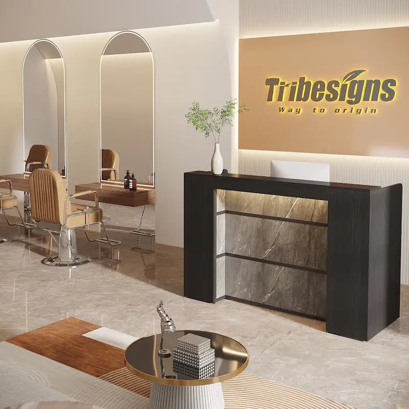Escritorio de recepción en forma de L blanco/marrón con luces LED, mostrador individual con panel de privacidad