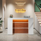 Escritorio de recepción en forma de L blanco/marrón con luces LED, mostrador individual con panel de privacidad