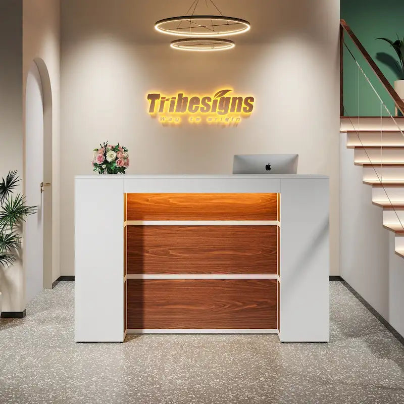 Escritorio de recepción en forma de L blanco/marrón con luces LED, mostrador individual con panel de privacidad