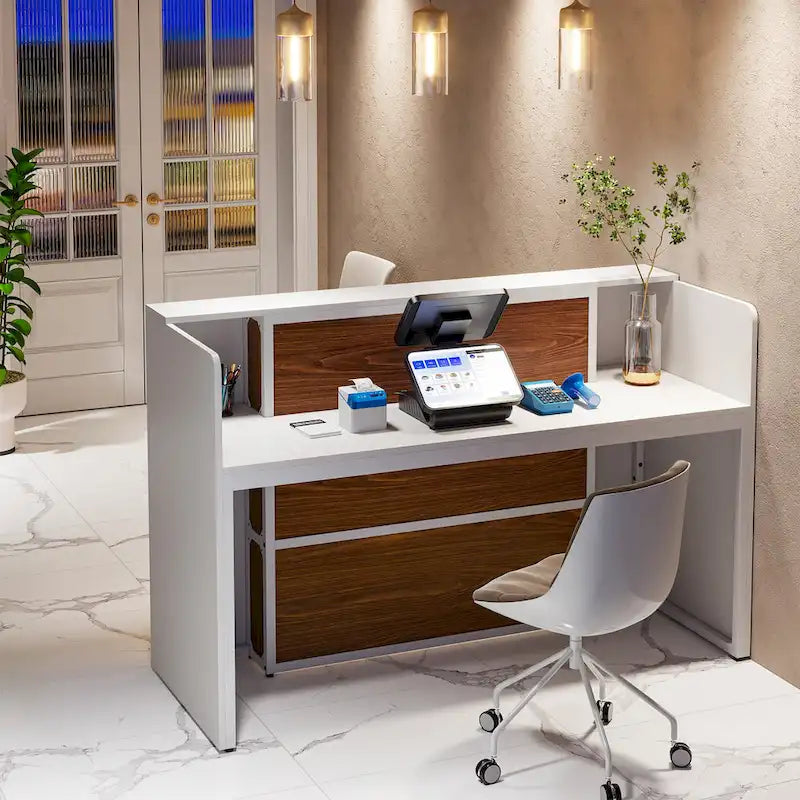 Escritorio de recepción en forma de L blanco/marrón con luces LED, mostrador individual con panel de privacidad