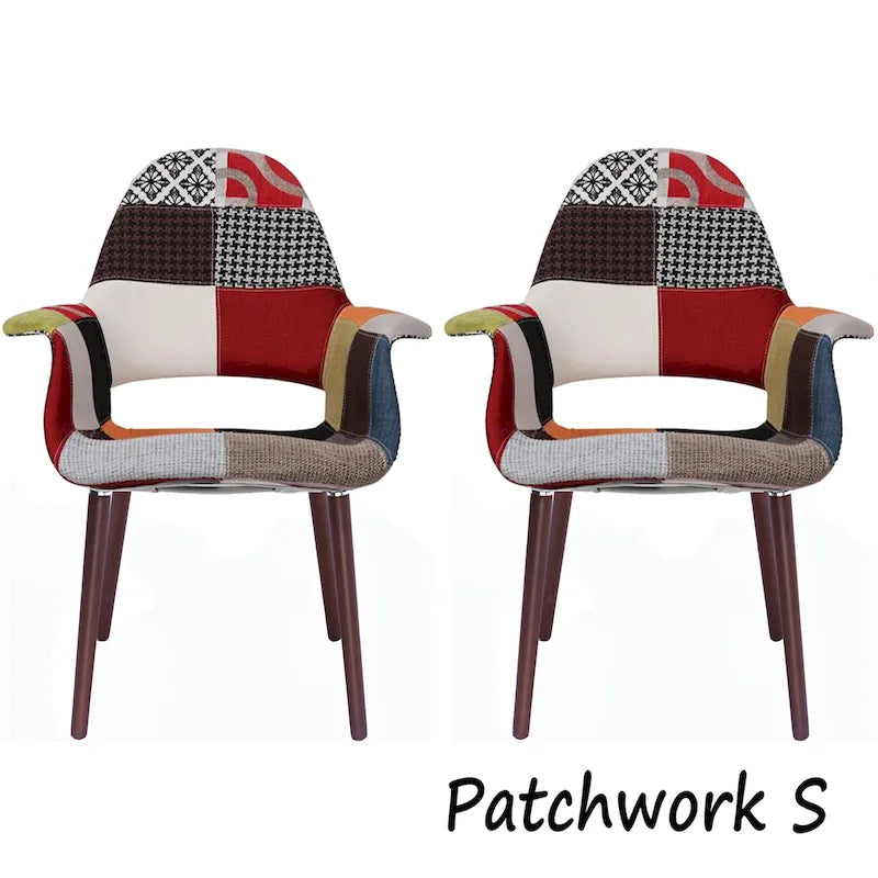 Sillón tapizado multicolor, respaldo alto, patas de nogal – Juego de 2