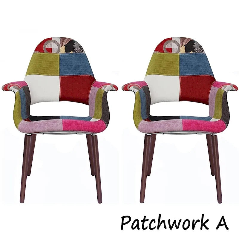 Sillón tapizado multicolor, respaldo alto, patas de nogal – Juego de 2