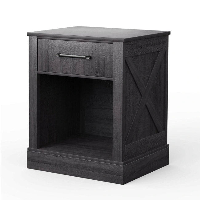 Mesita de Noche Rústica Natural / Marrón / Negra con Cajón y Estante – Mesita de Noche Individual