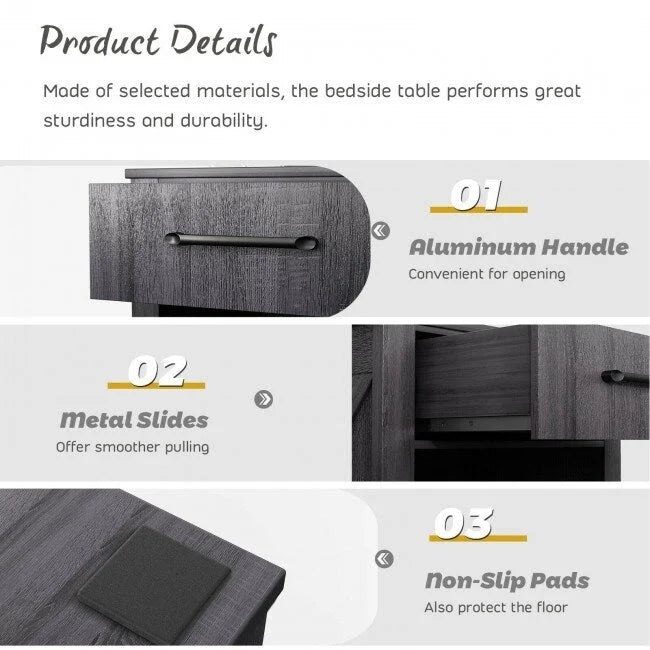 Mesita de Noche Rústica Natural / Marrón / Negra con Cajón y Estante – Mesita de Noche Individual