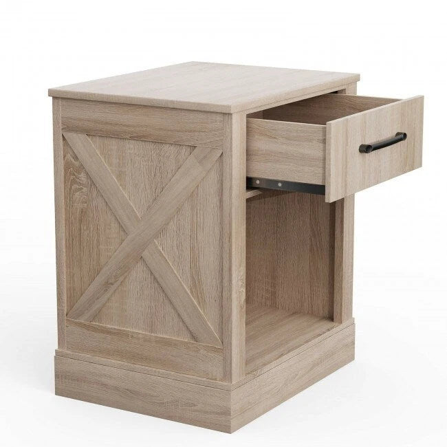 Mesita de Noche Rústica Natural / Marrón / Negra con Cajón y Estante – Mesita de Noche Individual