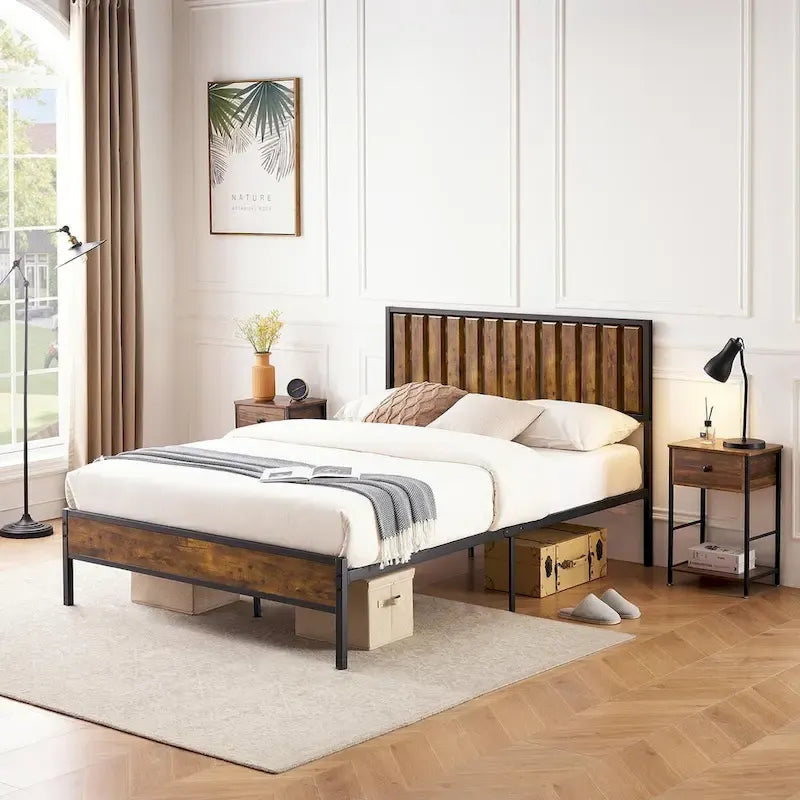 Base de cama de plataforma rústica de madera marrón y negra – Tamaño matrimonial/queen, para 1 o 2 personas