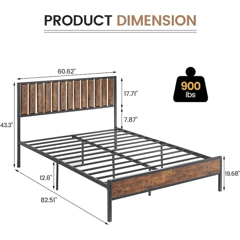 Base de cama de plataforma rústica de madera marrón y negra – Tamaño matrimonial/queen, para 1 o 2 personas