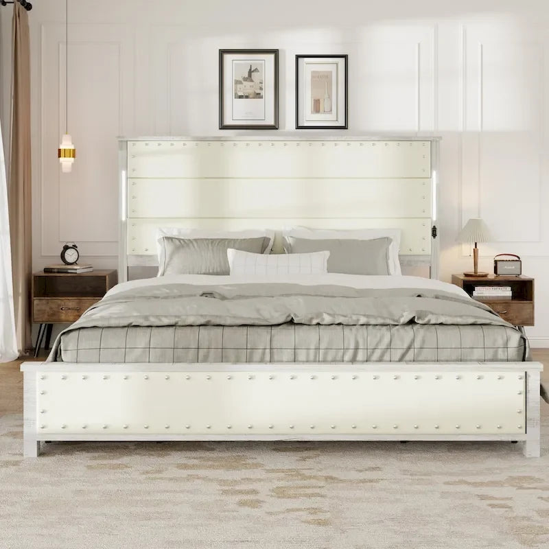 Base de cama con plataforma gris oscuro con luces LED y almacenamiento – Queen/King
