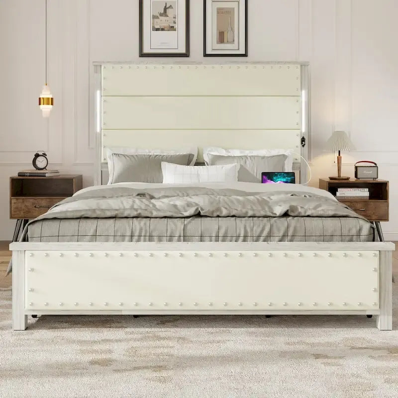 Base de cama con plataforma gris oscuro con luces LED y almacenamiento – Queen/King