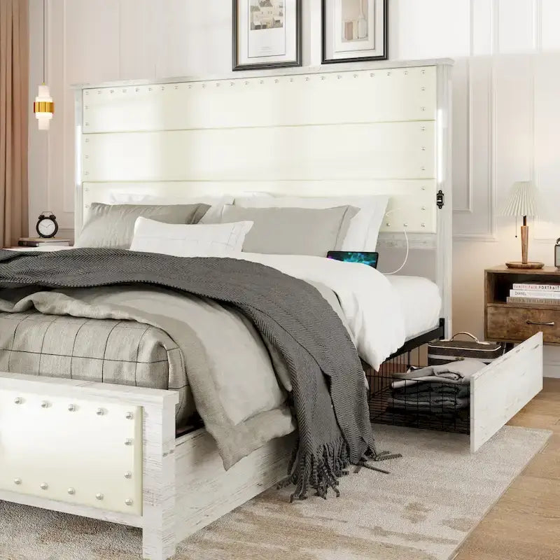Base de cama con plataforma gris oscuro con luces LED y almacenamiento – Queen/King