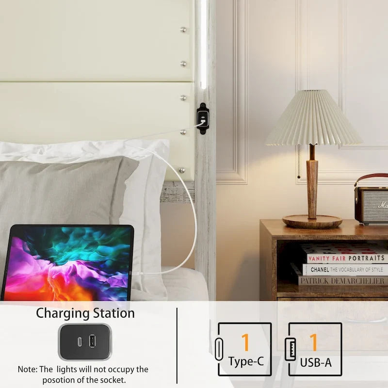 Base de cama con plataforma gris oscuro con luces LED y almacenamiento – Queen/King