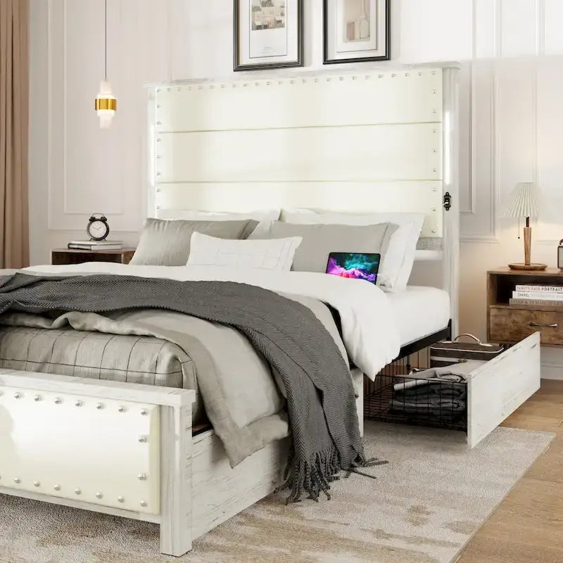 Base de cama con plataforma gris oscuro con luces LED y almacenamiento – Queen/King