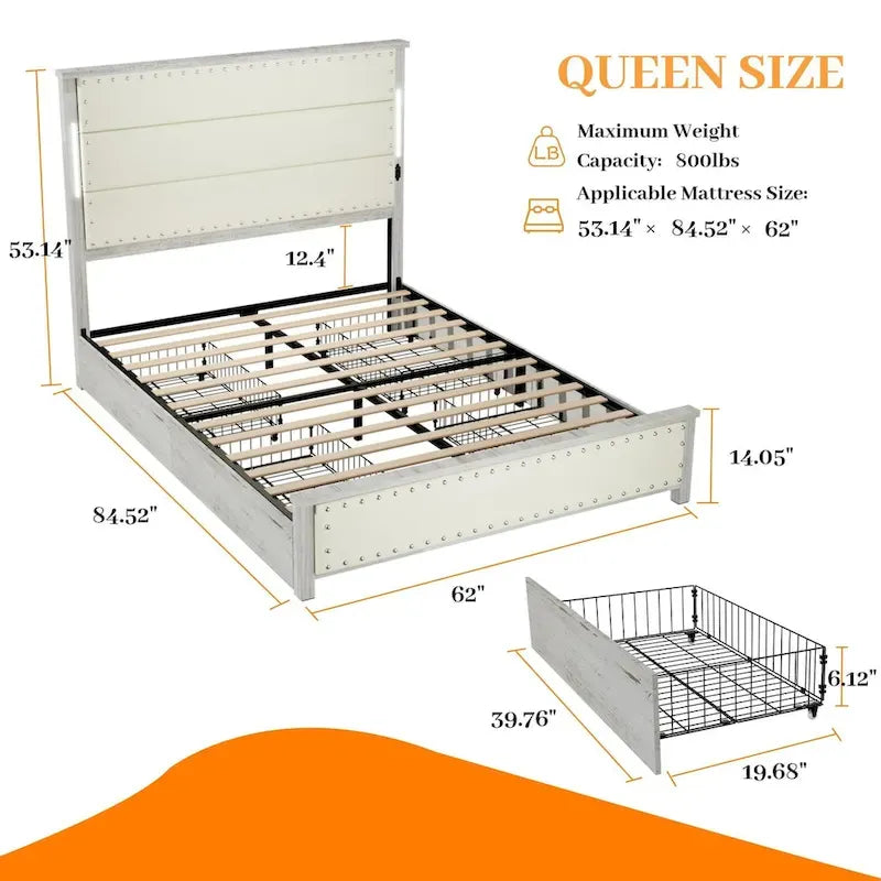 Base de cama con plataforma gris oscuro con luces LED y almacenamiento – Queen/King