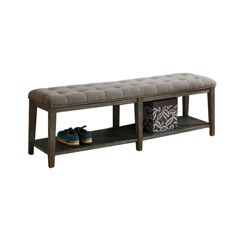 Banco de madera tapizado de 2 asientos con estante de almacenamiento abierto, gris/beige