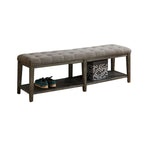 Banco de madera tapizado de 2 asientos con estante de almacenamiento abierto, gris/beige