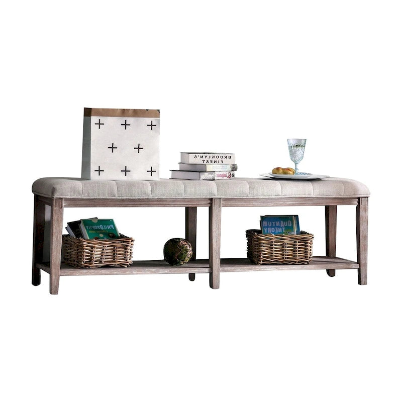 Banco de madera tapizado de 2 asientos con estante de almacenamiento abierto, gris/beige