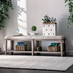 Banco de madera tapizado de 2 asientos con estante de almacenamiento abierto, gris/beige