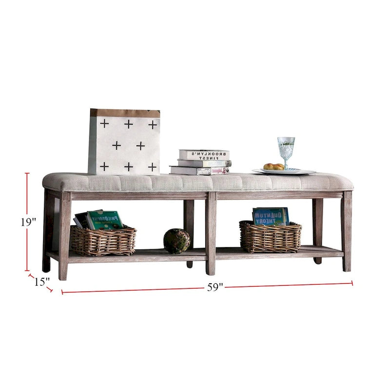 Banco de madera tapizado de 2 asientos con estante de almacenamiento abierto, gris/beige