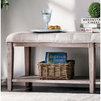 Banco de madera tapizado de 2 asientos con estante de almacenamiento abierto, gris/beige