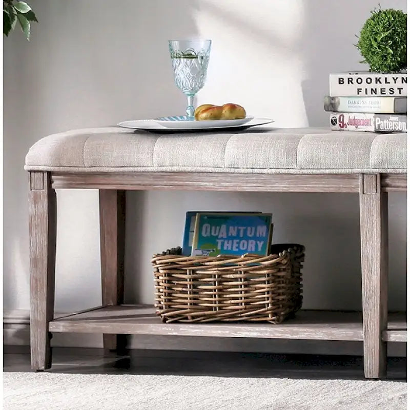Banco de madera tapizado de 2 asientos con estante de almacenamiento abierto, gris/beige