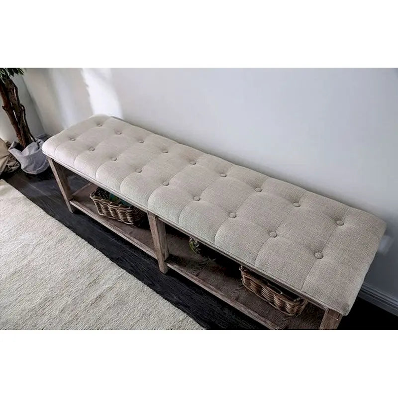 Banco de madera tapizado de 2 asientos con estante de almacenamiento abierto, gris/beige