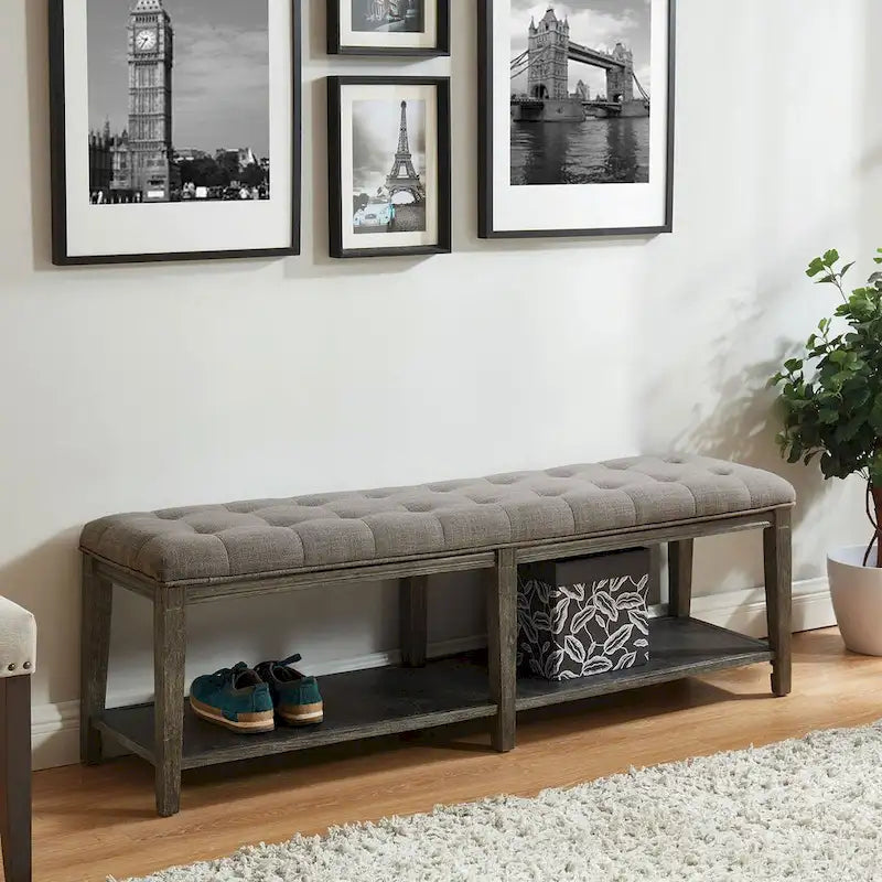 Banco de madera tapizado de 2 asientos con estante de almacenamiento abierto, gris/beige