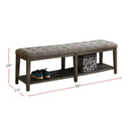 Banco de madera tapizado de 2 asientos con estante de almacenamiento abierto, gris/beige
