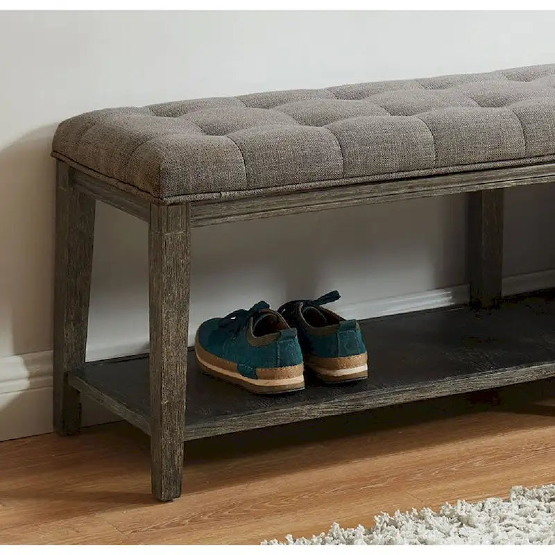Banco de madera tapizado de 2 asientos con estante de almacenamiento abierto, gris/beige