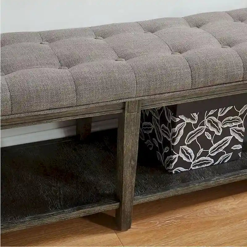 Banco de madera tapizado de 2 asientos con estante de almacenamiento abierto, gris/beige