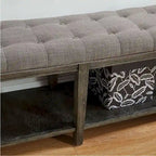 Banco de madera tapizado de 2 asientos con estante de almacenamiento abierto, gris/beige
