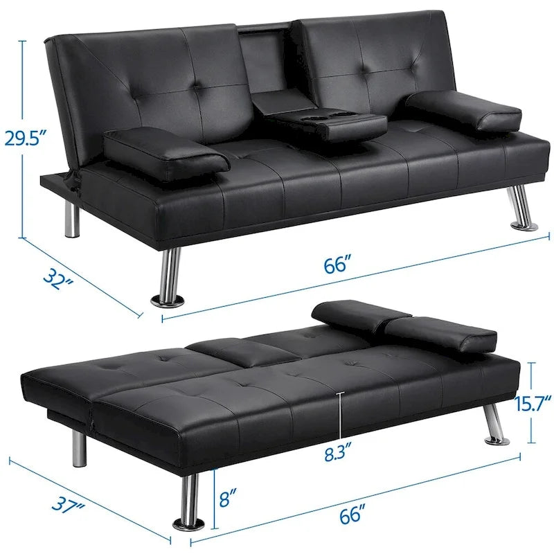 Sofá cama futón reclinable de piel sintética negra, 3 personas