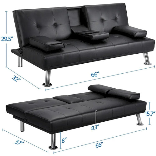 Sofá cama futón reclinable de piel sintética negra, 3 personas