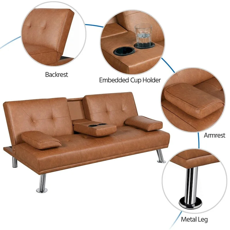 Sofá cama futón reclinable de piel sintética negra, 3 personas