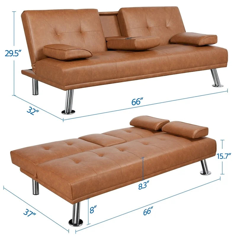 Sofá cama futón reclinable de piel sintética negra, 3 personas