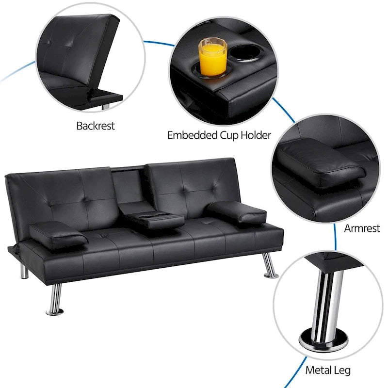 Sofá cama futón reclinable de piel sintética negra, 3 personas