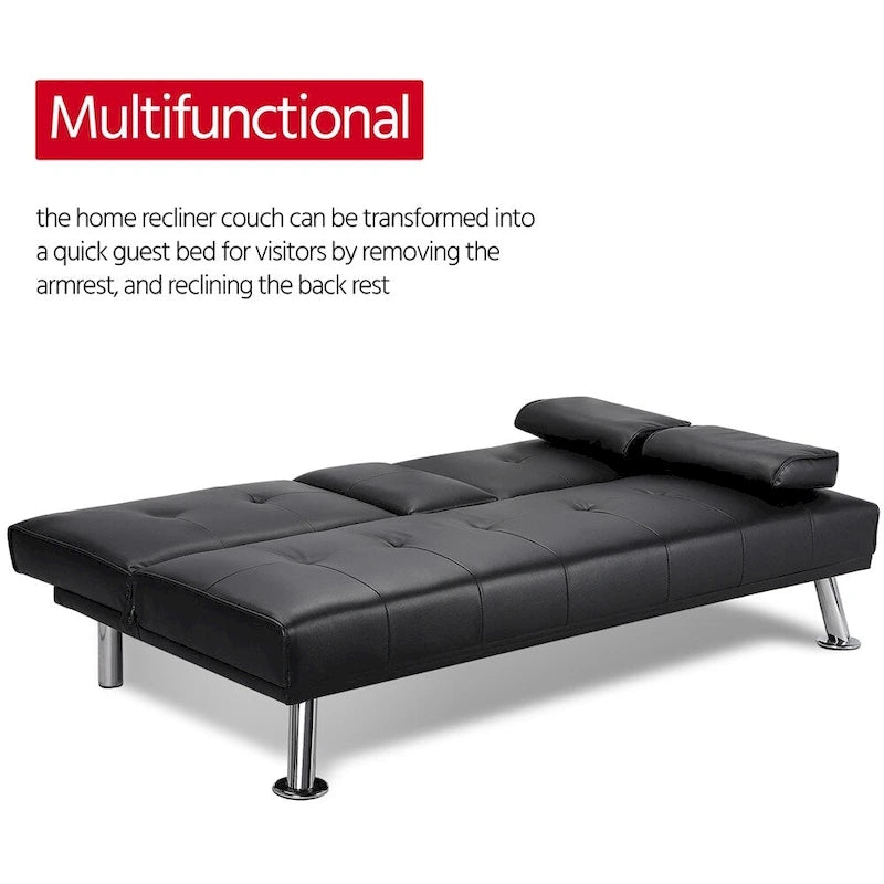 Sofá cama futón reclinable de piel sintética negra, 3 personas