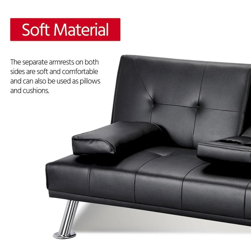 Sofá cama futón reclinable de piel sintética negra, 3 personas