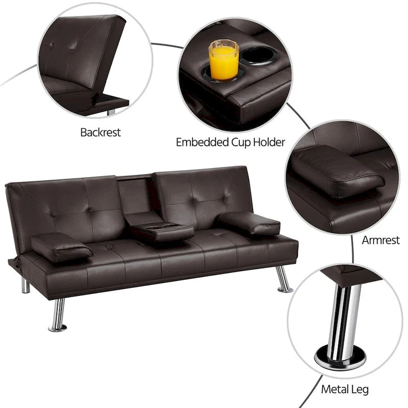 Sofá cama futón reclinable de piel sintética negra, 3 personas