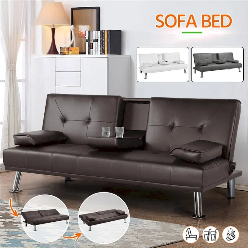 Sofá cama futón reclinable de piel sintética negra, 3 personas