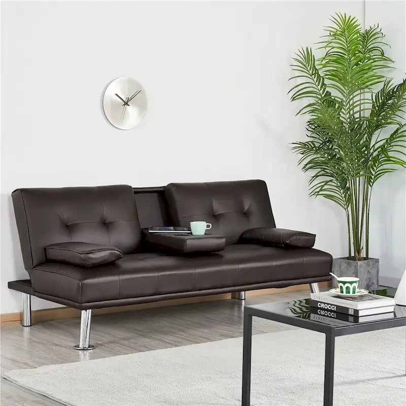 Sofá cama futón reclinable de piel sintética negra, 3 personas