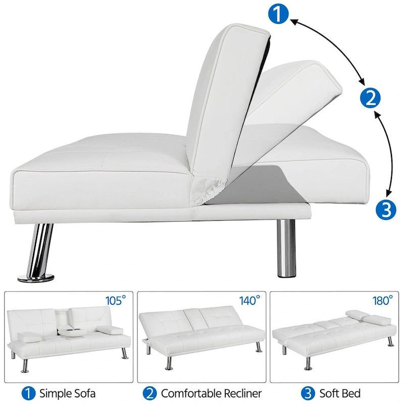 Sofá cama futón reclinable de piel sintética negra, 3 personas