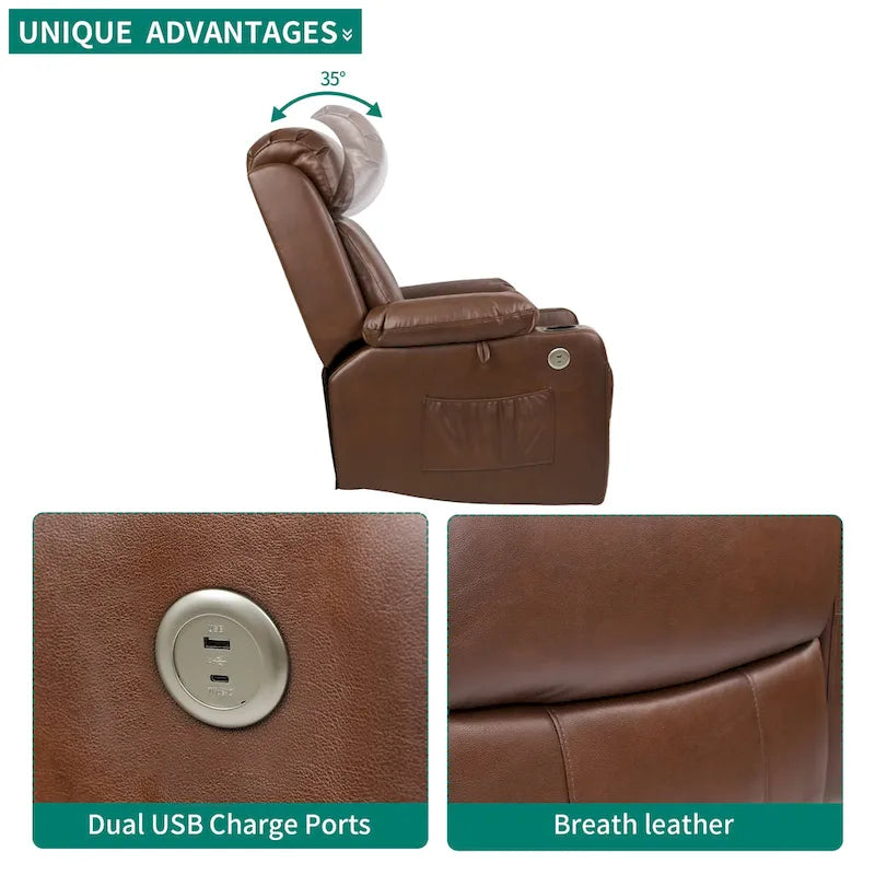 Sillón Reclinable Eléctrico de Masaje de Poliuretano Marrón/Negro – Individual