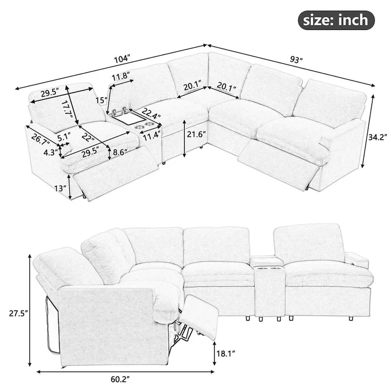 Sofá seccional reclinable eléctrico en forma de L gris oscuro/beige, 2 asientos